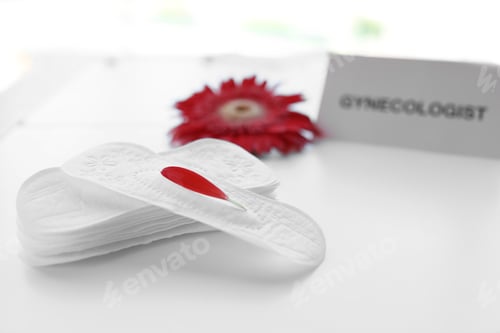 Preview: Menstrual pads with red flower petal on table. Gynecological care