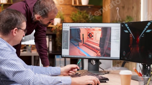 Preview: Graphic designer in gaming industry talking detail with his colleague analyzing 3d design level