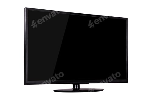 Preview: modern slim plasma TV on a black stand isolated on a white backg