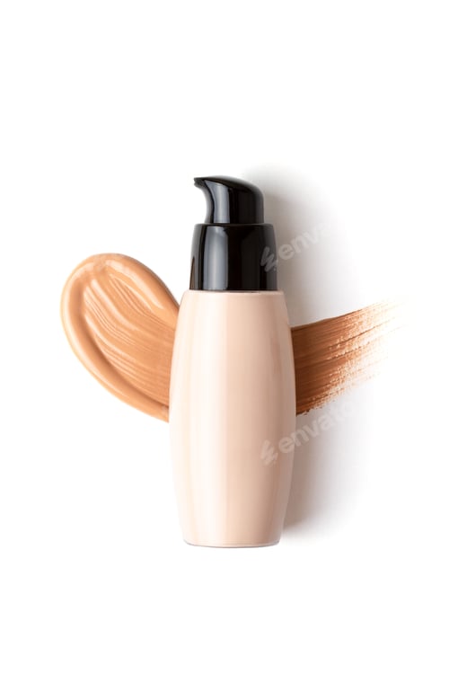 Preview: Mockup with make up face foundation bottle and smudged drop of concealer over the white background
