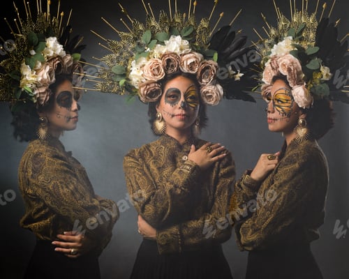 Preview: Portrait of a woman with sugar skull makeup. Multiple exposure portrait.