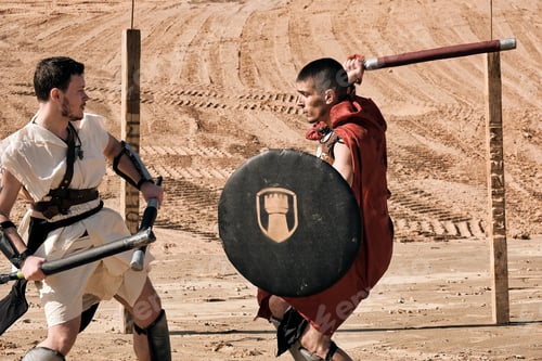 Preview: A Concept Photo Of A Roman Battle Of Two Warriors Of The Colosseum In Action With Aggressive