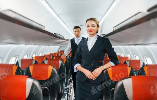 Preview: Young stewardess with steward on the work in the passanger airplane