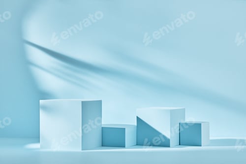 Preview: Blue background for product presentation with shadows and light. Empty podiums. Mockup.