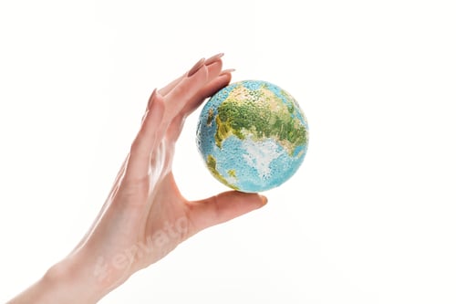 Preview: partial view of female hand with earth model isolated on white, global warming concept
