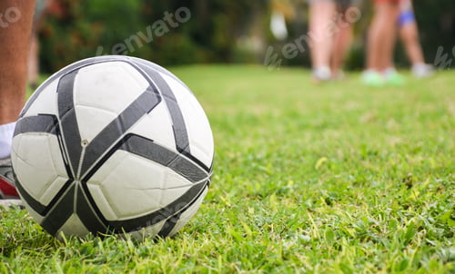 Preview: football field, ball on grass, the feet of men. Blurred background