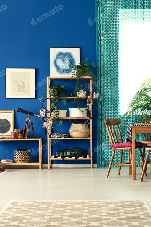 Preview: Bohemian apartment with wooden bookcase