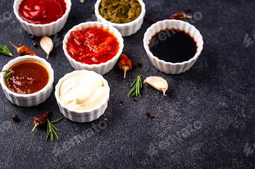 Preview: Set of different sauces. Ketchup, mustard, pesto