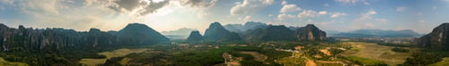 Preview: Beautiful City of Vang Vieng aerial Panorama Limestone Mountains