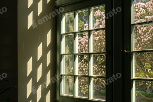 Preview: Close up of palm leaf next to old window. Abstract minimal interior design background decor template