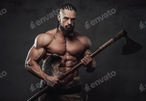 Preview: Furious viking posing with naked torso holding axe