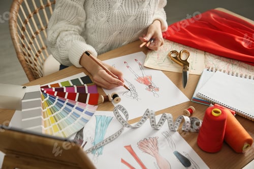 Preview: Fashion designer creating new clothes in sketchbook at wooden table indoors, closeup