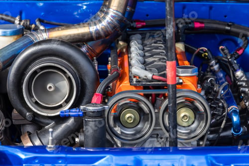 Preview: The powerful engine of car, Internal design of engine, Car engine part, Under the hood sports car.