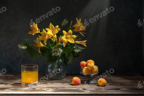 Preview: A glass of apricot juice, fresh apricots and a bouquet of yellow daylilies