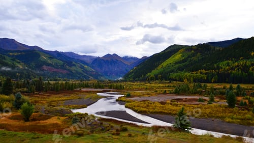 Preview: Mountain Valley Landscape with River and Evergreen Trees
