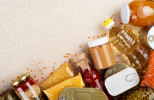 Preview: Emergency groceries food background with copyspace