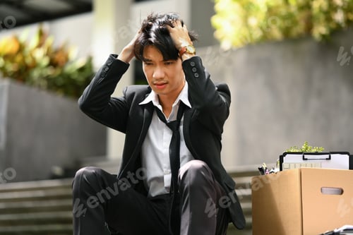 Preview: Disappointed and sad male worker sitting on stairs of building .