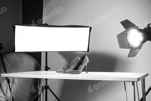 Preview: Professional photography equipment prepared for shooting stylish shoes in studio