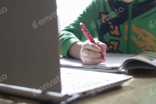 Preview: Boy doing his homework and using a laptop at home