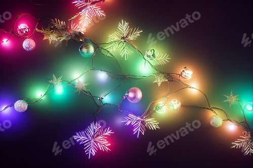 Preview: Mockup rustic wood table in front of glitter colorful bright bokeh lights of christmas ornaments and