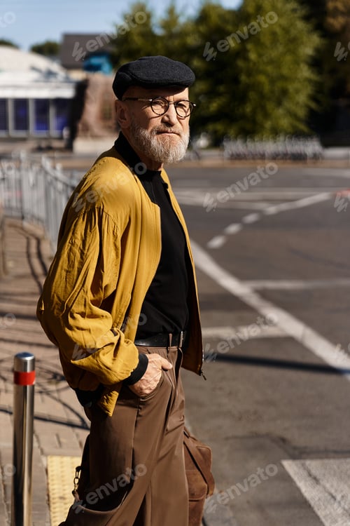Preview: A dapper senior man confidently strolls through a vibrant cityscape, showcasing his trendy attire.