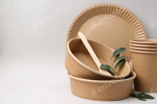 Preview: Set of disposable tableware and green leaves on light grey background, closeup. Space for text