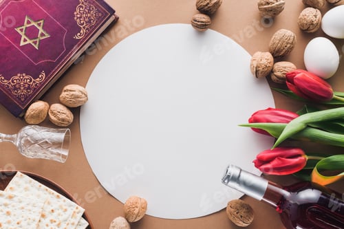 Preview: top view of traditional book with text in hebrew and blank placard on table