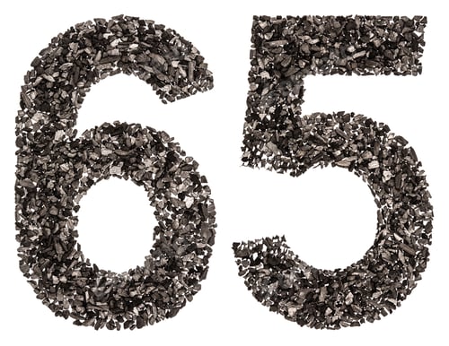 Preview: Arabic numeral 65, sixty five, from black a natural charcoal, isolated on white background