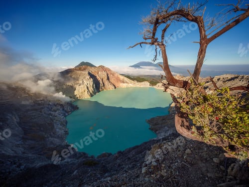 Preview: Aerial view of mount Kawah Ijen volcano crater at sunrise, East Java, Indonesia