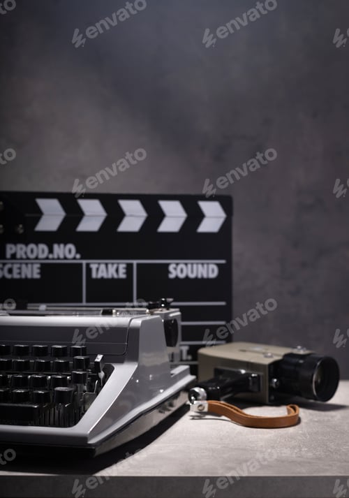 Preview: vintage retro typewriter, film camera and movie clapper board