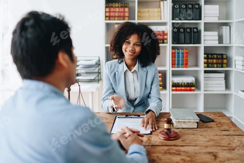 Preview: african american attorney, lawyers discussing contract or business agreement at law firm office, Bus