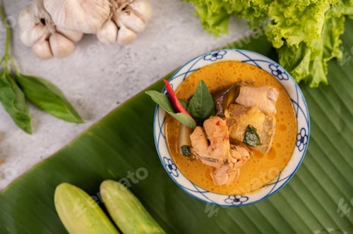 Preview: Chicken curry with Wax gourd in a ceramic cup.