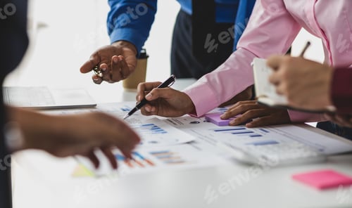 Preview: Hands of finance managers in a meeting discussing about financial performance in office.