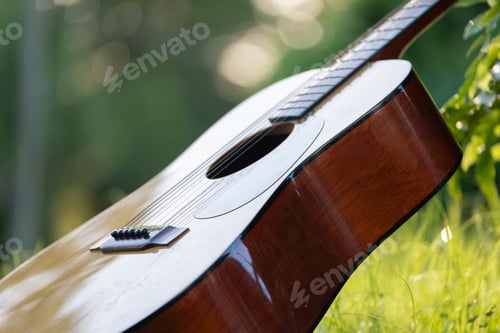Preview: Acoustic guitar outdoors on greenery background. Concept of calm music