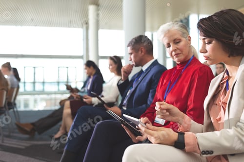 Preview: Businesswomen discussing over digital tablet during business seminar in office building