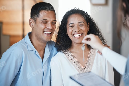Preview: Keys. realtor and a home owner couple in their apartment after payment or investment in a property