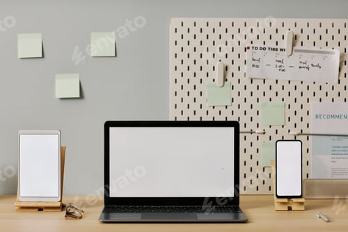 Preview: Front view mockup three device screens at workplace