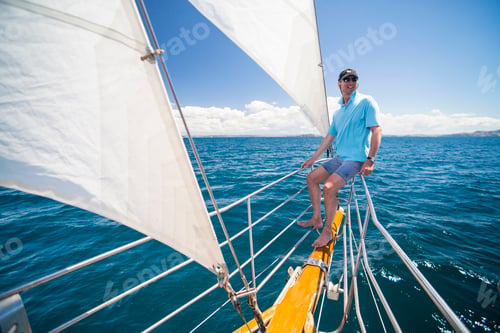 Preview: Tourist on a sailing boat trip in the Bay of Islands, from Russell, Northland Region, North Island,