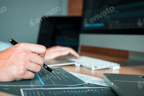 Preview: People coding code program programming developer working design software on desk in office.