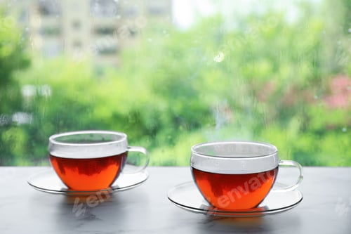 Preview: Cups of hot tea on marble windowsill. Rainy weather