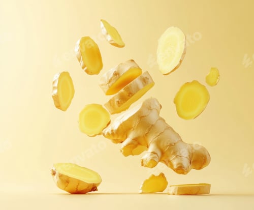Preview: Fresh ginger root slices flying against a bright yellow background