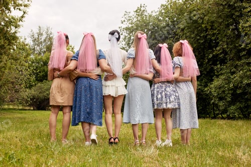 Preview: Happy charming bride in a white dress with a white veil and bridesmaids with pink veils hugging and