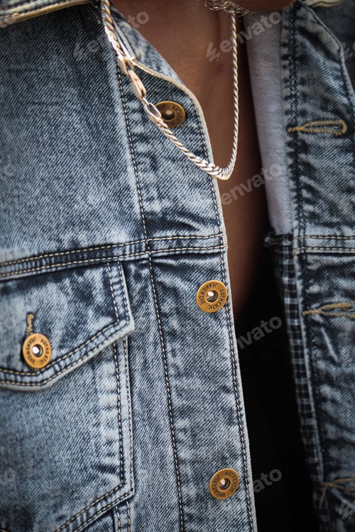 Preview: Denim Jacket with Silver Chain and Pocket Detail