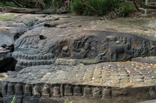 Preview: Vishnu reclining on Kbal Spean in summer season,Angkor temple area, Cambodia