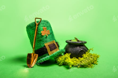 Preview: On green isolated background St. Patricks hat, leprechaun kettle with gold coins, shovel, horseshoe