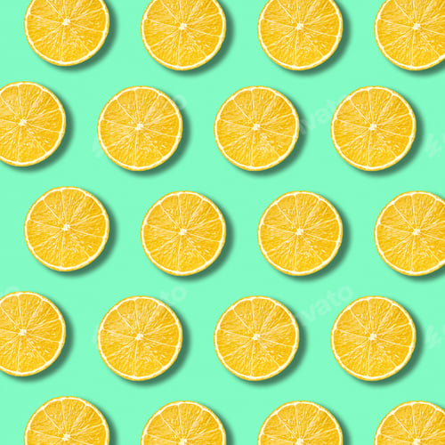 Preview: Lemon slices pattern on light vibrant green color background. Minimal flat lay food texture