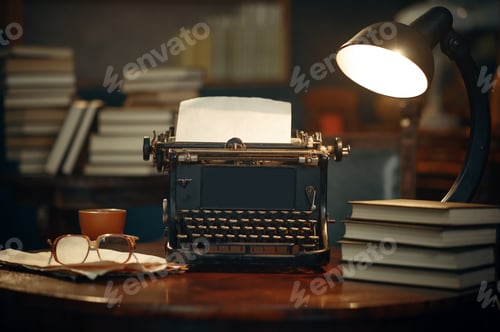 Preview: Vintage typewriter on wooden table in home office