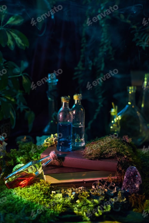 Preview: In serene forest setting at dusk, vibrant potions fill glass bottles resting on moss