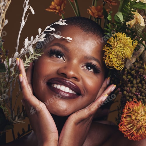 Preview: African woman, plants and thinking for aesthetic in studio with flowers for beauty, wellness and gl
