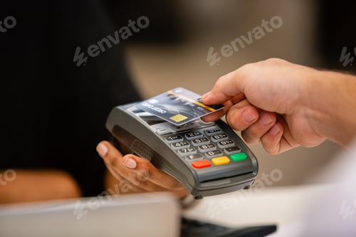 Preview: Credit card payment with POS terminal, Money payment shopping online in store.